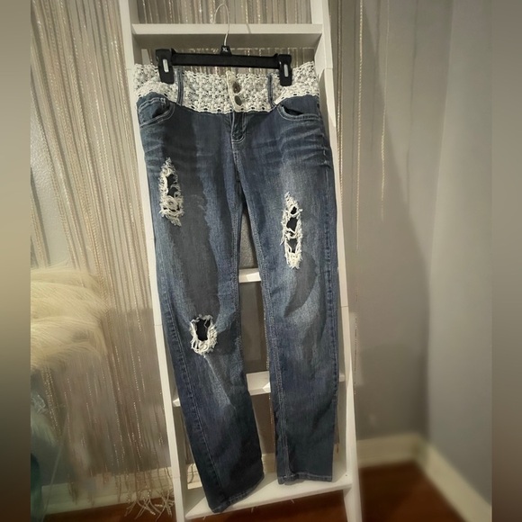 Blue Spice Lace Waist, Ripped Denim High Waist Jeans, Size 11 - Picture 2 of 4